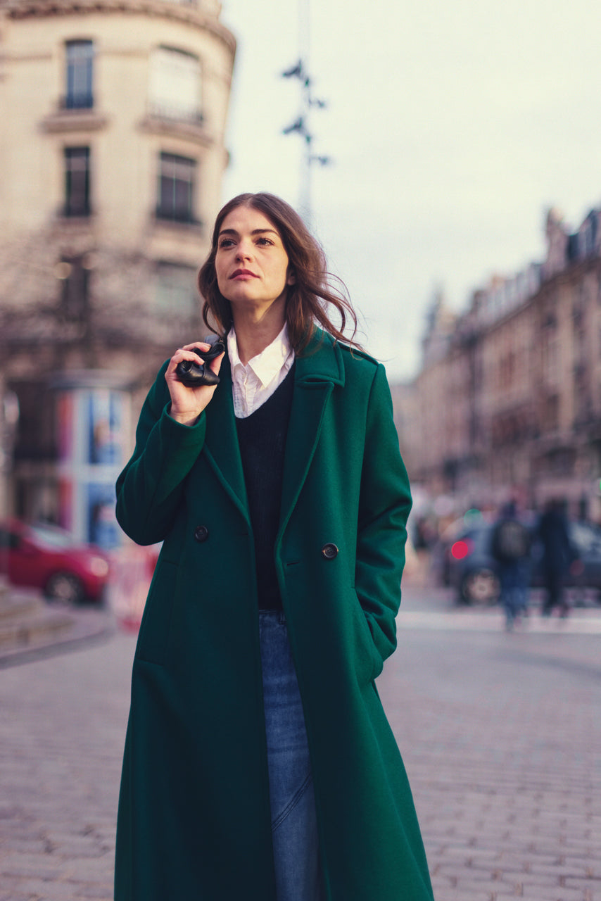 PRECIEUX coat Long belted coat in green virgin wool