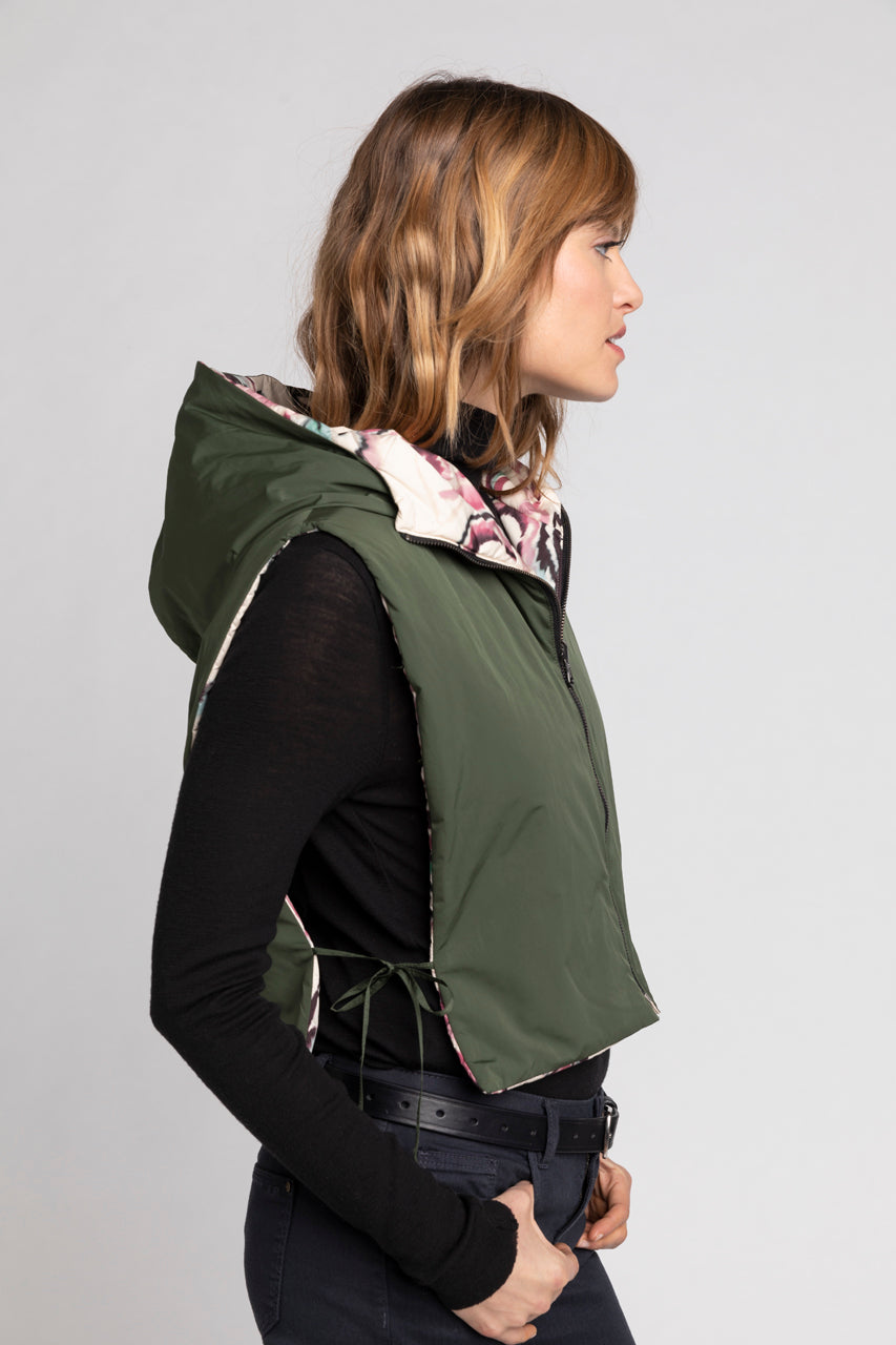 CAILLE hood - Reversible padded accessory hood in khaki water-repellent fabric