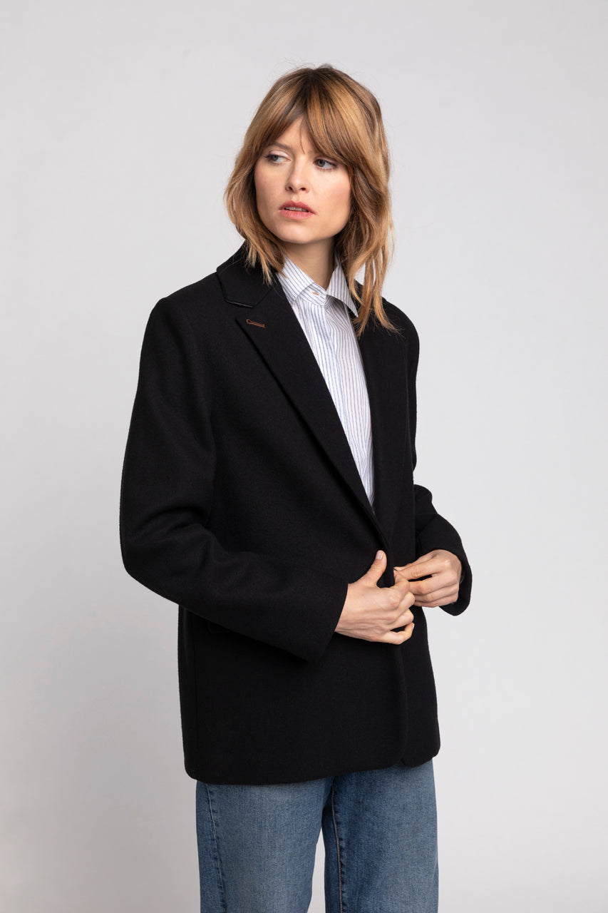 Veste RENAISSON-Veste féminine col tailleur en drap de laine noir