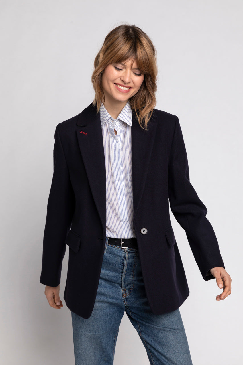 RENAISSON jacket-Feminine jacket with tailored collar in navy wool cloth