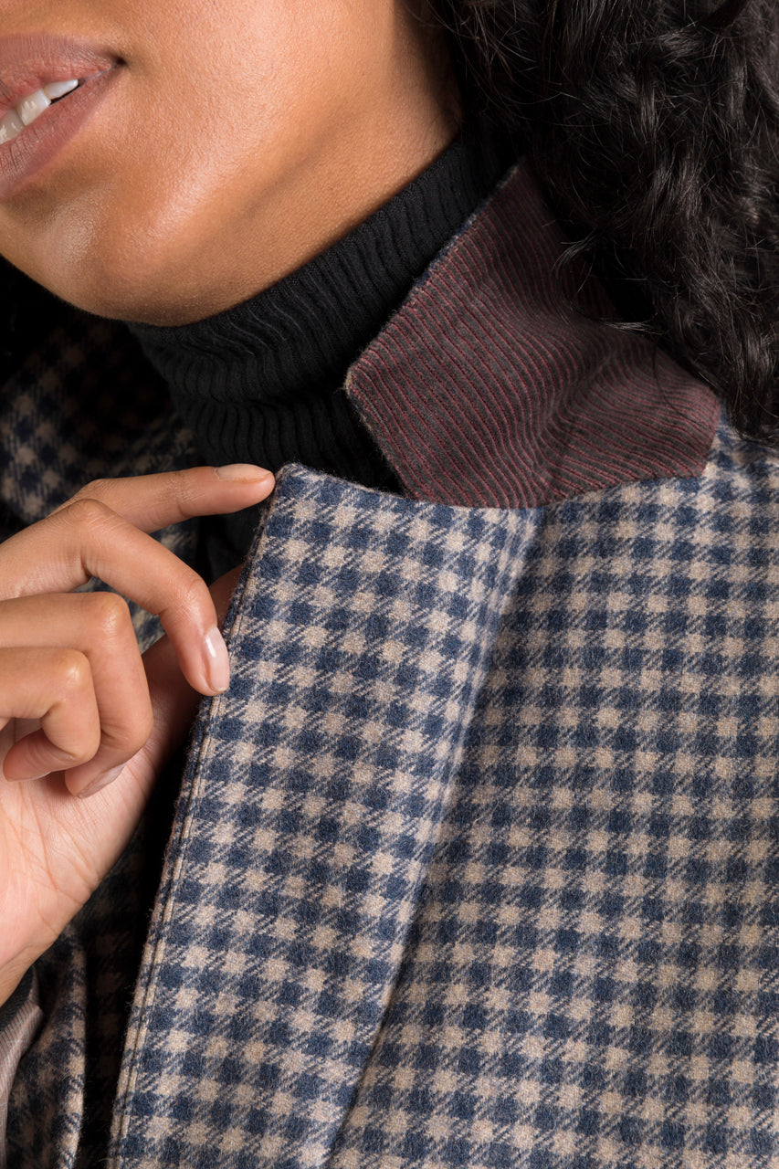 Veste RENAISSON-Veste col tailleur en drap de laine à carreaux bleu