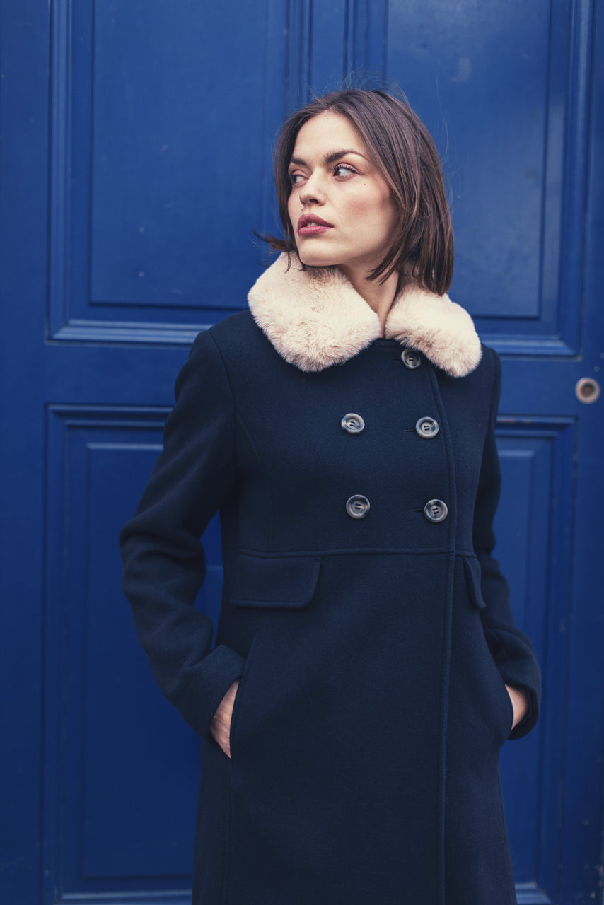 CHABOTTES coat-Feminine mid-length coat in navy blue wool cloth