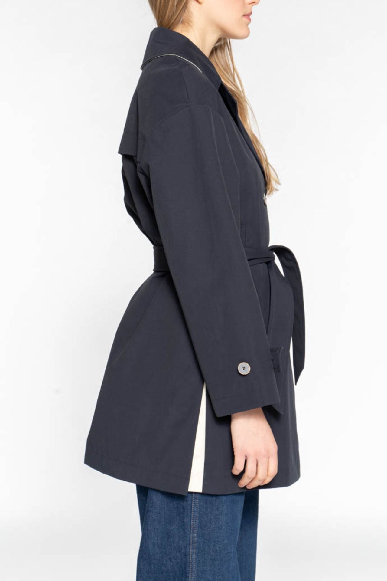 Treport Trench-Generous short trench coat with navy blue belt