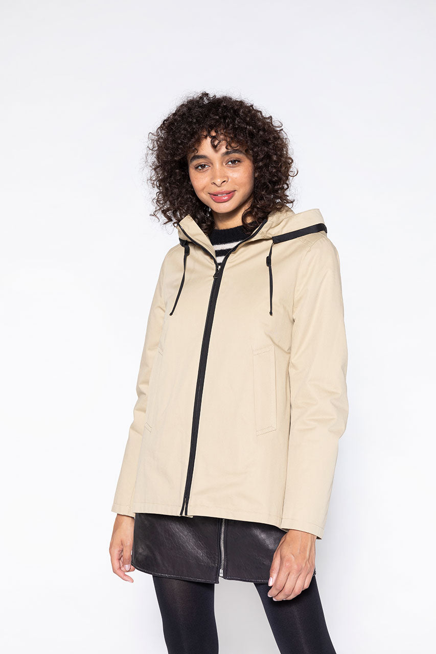 Beige Broglie cotton parka-Short beige pure cotton parka