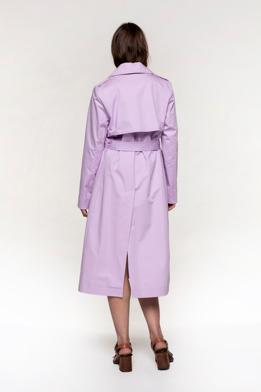 BEGANNE long trench coat in pure purple cotton-Long belted trench coat in pure purple cotton