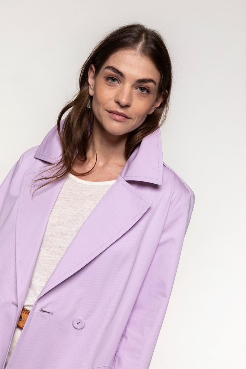 BEGANNE long trench coat in pure purple cotton-Long belted trench coat in pure purple cotton