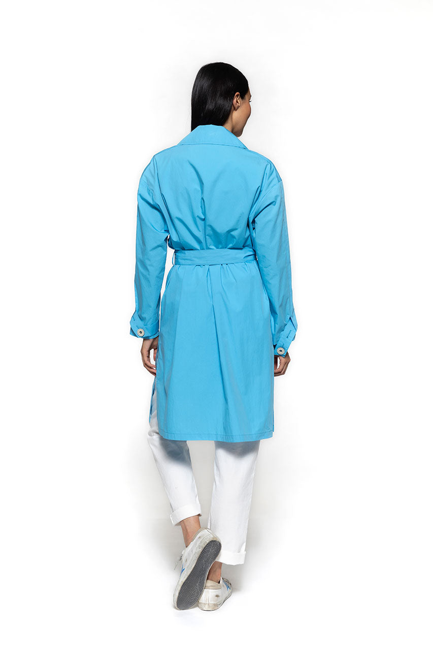 LECAILLE blue belted trench coat-Blue belted cotton trench coat