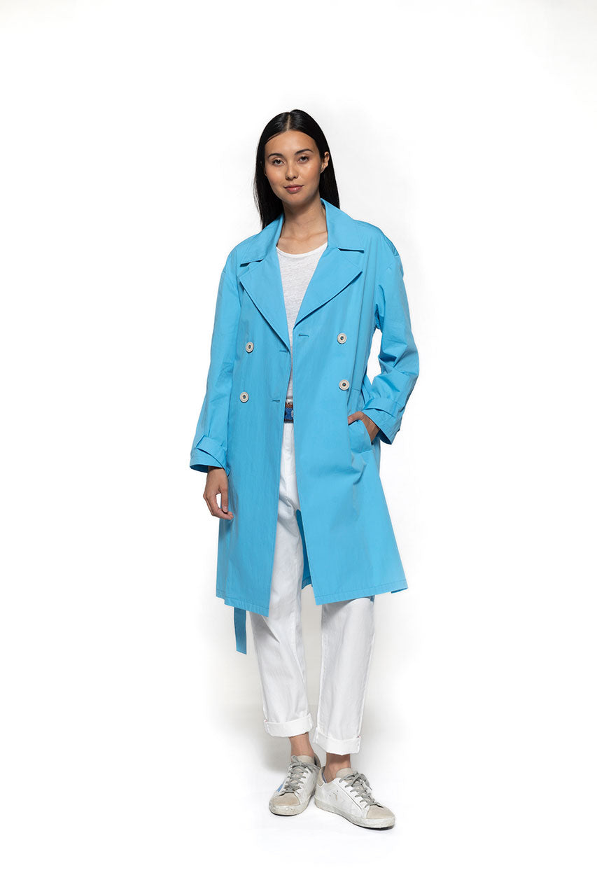 LECAILLE blue belted trench coat-Blue belted cotton trench coat