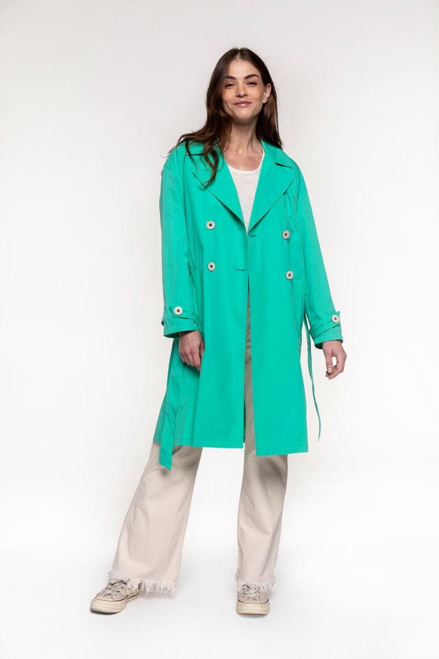 Green LECAILLE belted trench coat-Green belted cotton trench coat