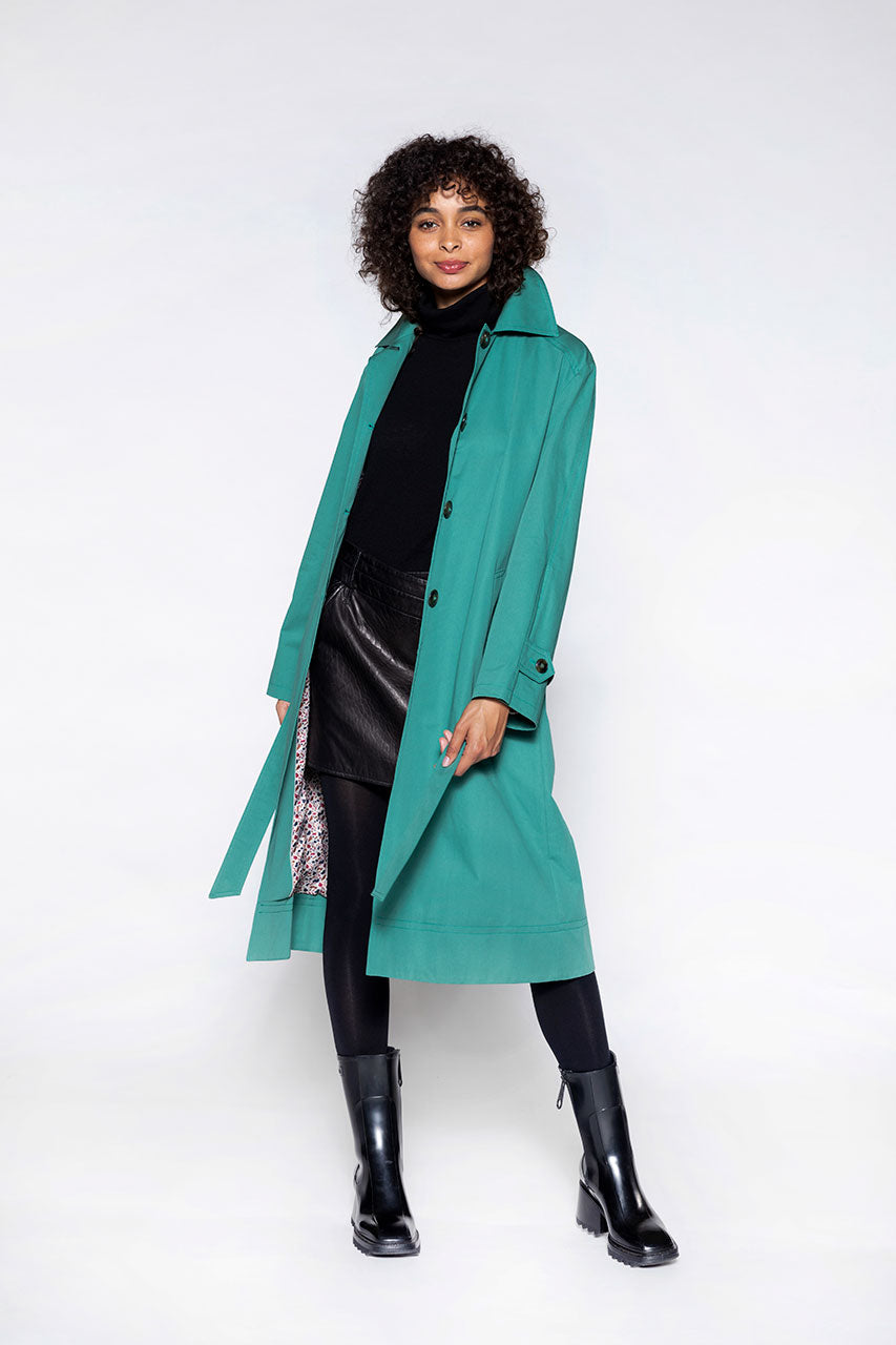 Oversized green Ozon cotton trench coat-Generous green pure cotton trench coat