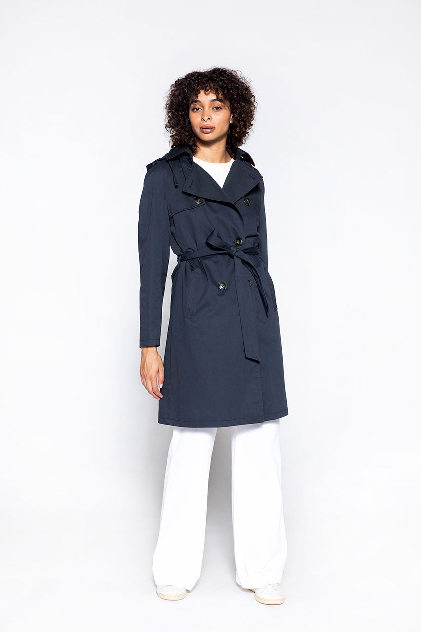 Tangry navy belted cotton trench coat-Navy blue pure cotton belted trench coat