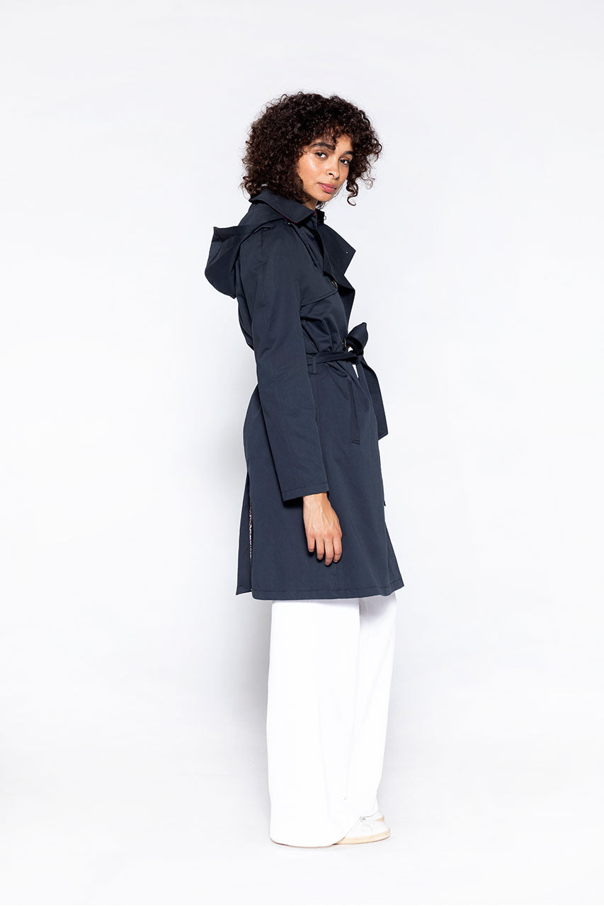 Tangry navy belted cotton trench coat-Navy blue pure cotton belted trench coat