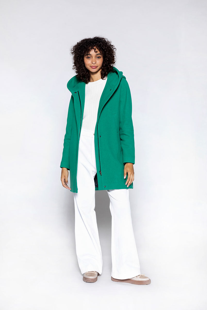 Berning warm coat in green virgin wool-Hooded coat in green wool cloth