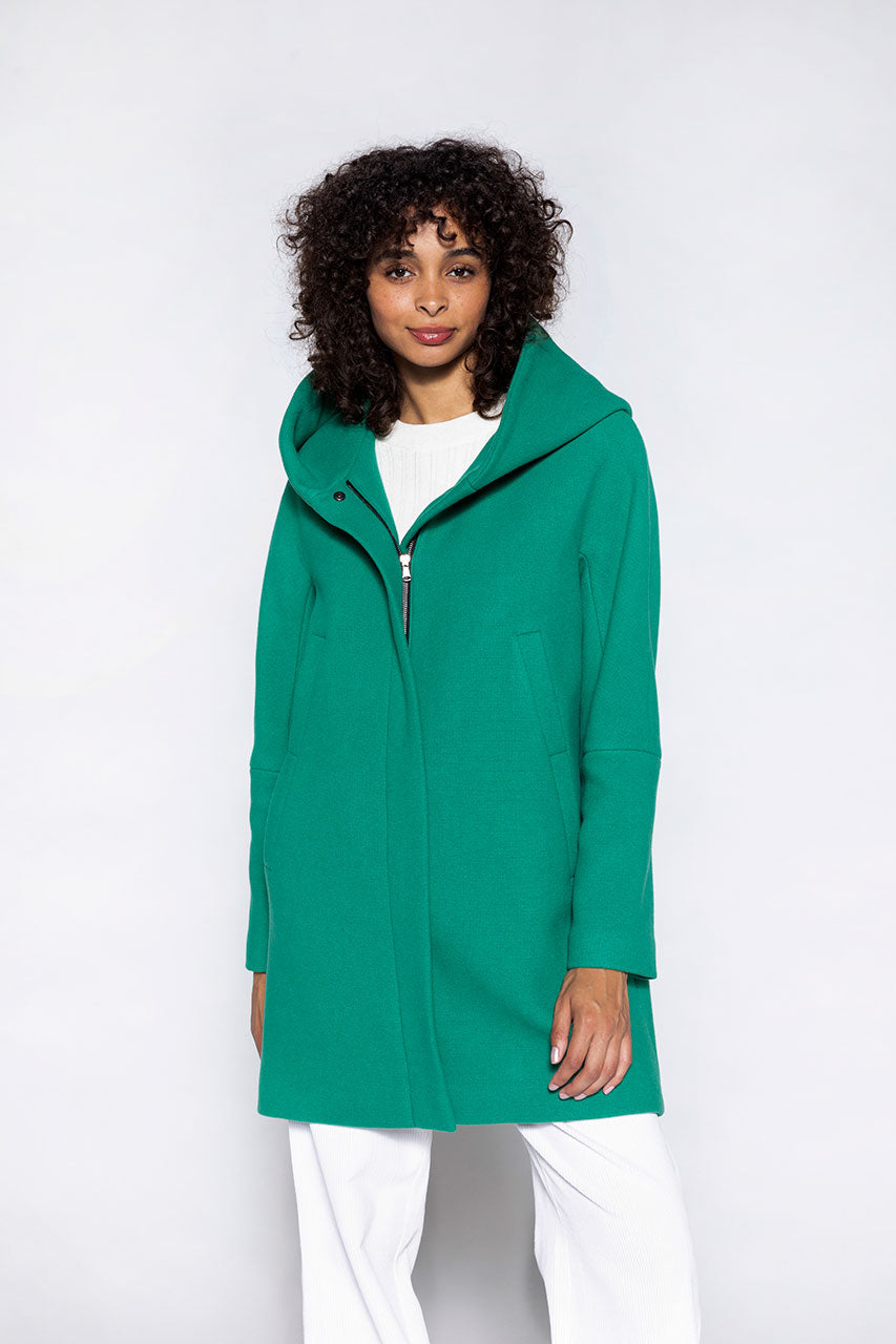 Berning warm coat in green virgin wool-Hooded coat in green wool cloth