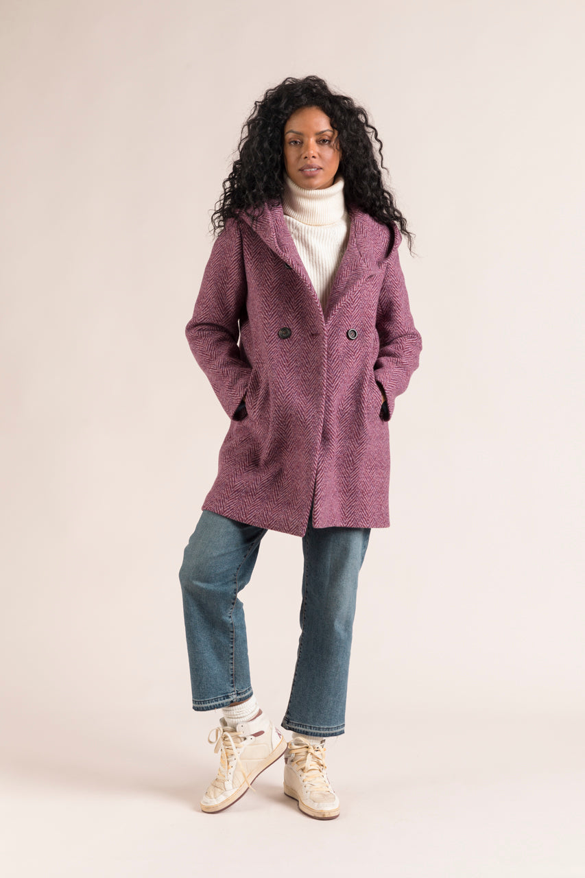 RICOUX coat-Warm enveloping coat in pink chevron