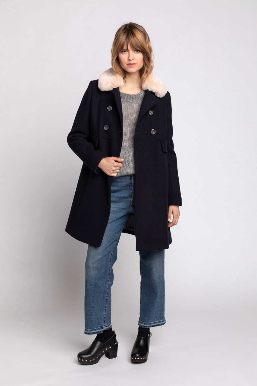 CHABOTTES coat-Feminine mid-length coat in navy blue wool cloth