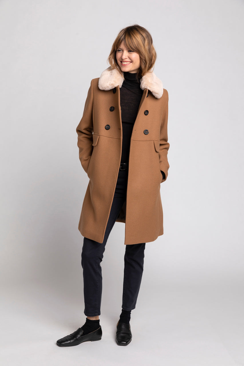 CHABOTTES coat-Feminine mid-length coat in camel wool cloth