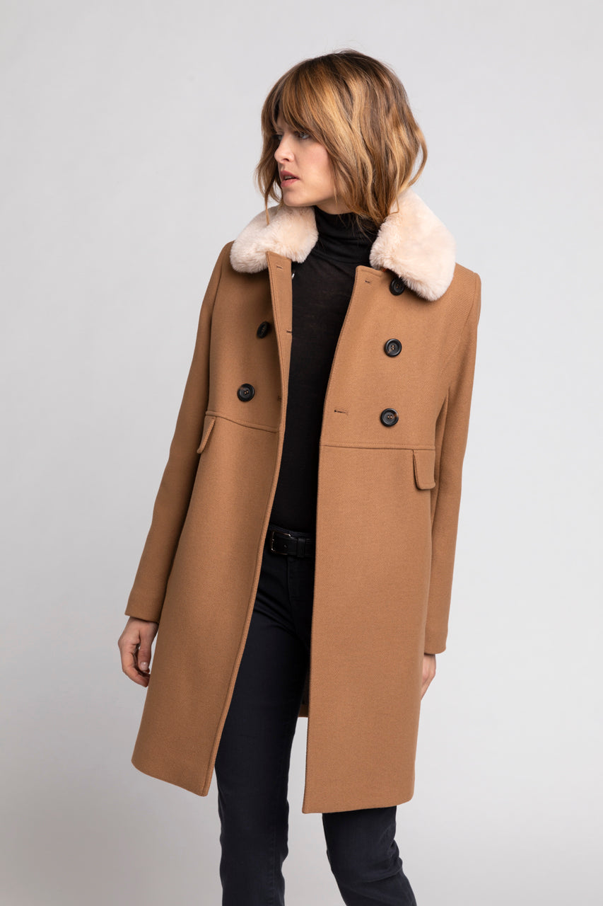 CHABOTTES coat-Feminine mid-length coat in camel wool cloth