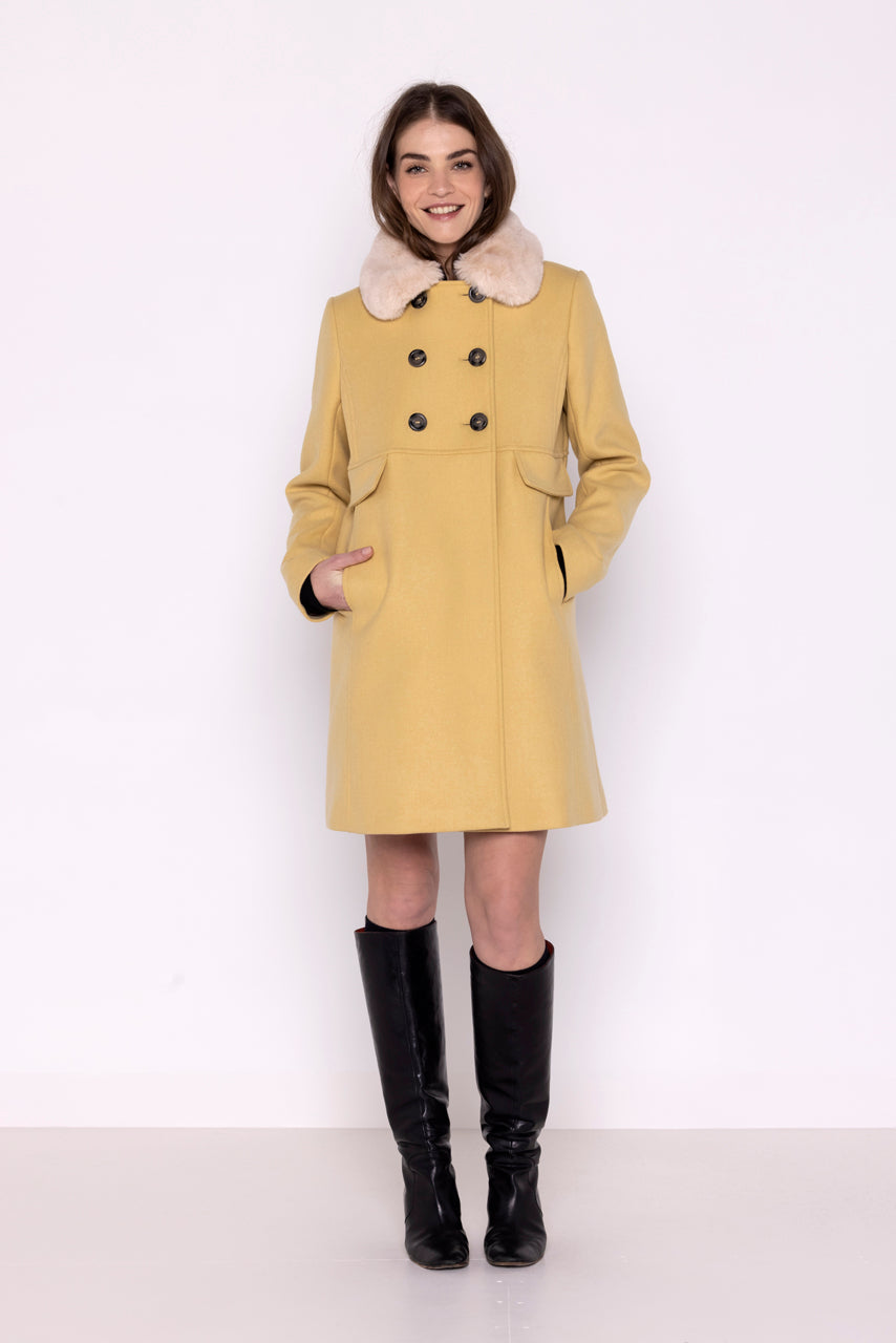 CHABOTTES coat-Feminine mid-length coat in yellow wool cloth