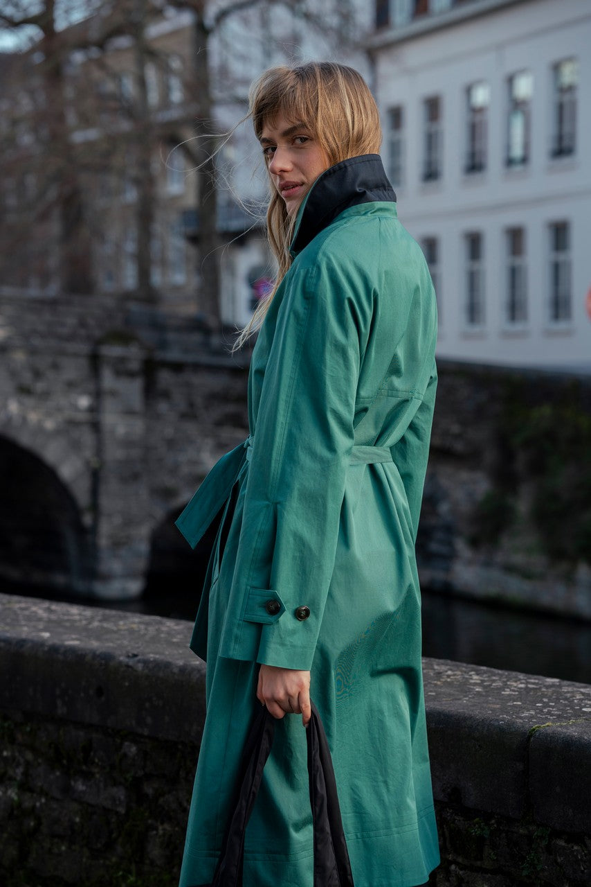 Oversized green Ozon cotton trench coat-Generous green pure cotton trench coat