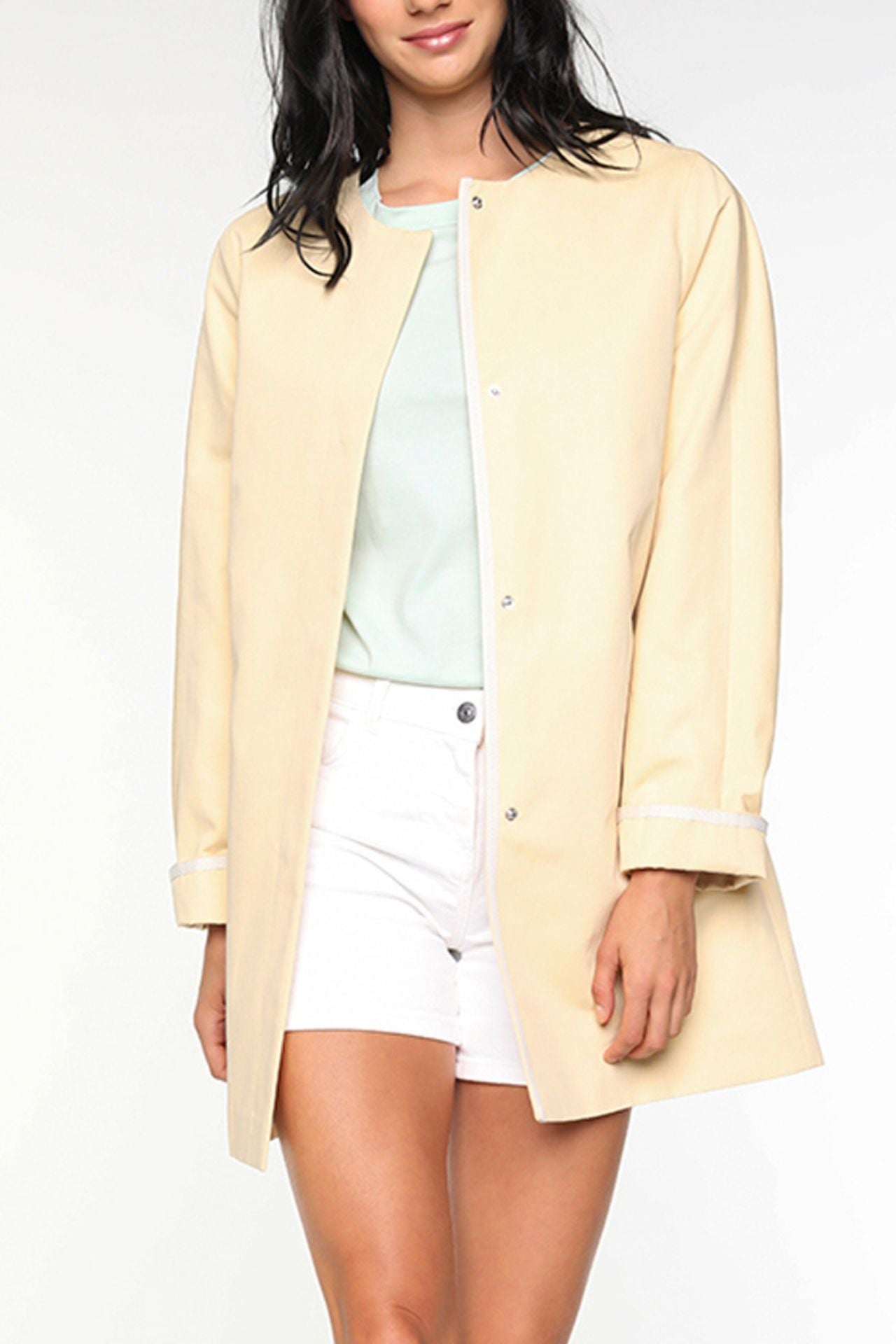 LANGEAIS-Collarless coat in pale yellow cotton and linen