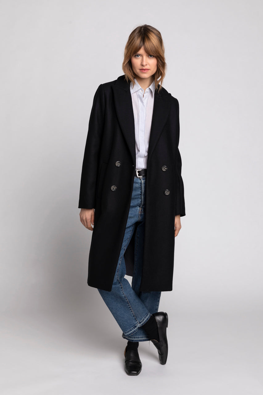 SENLIS Overcoat-Minimalist straight overcoat in black virgin wool