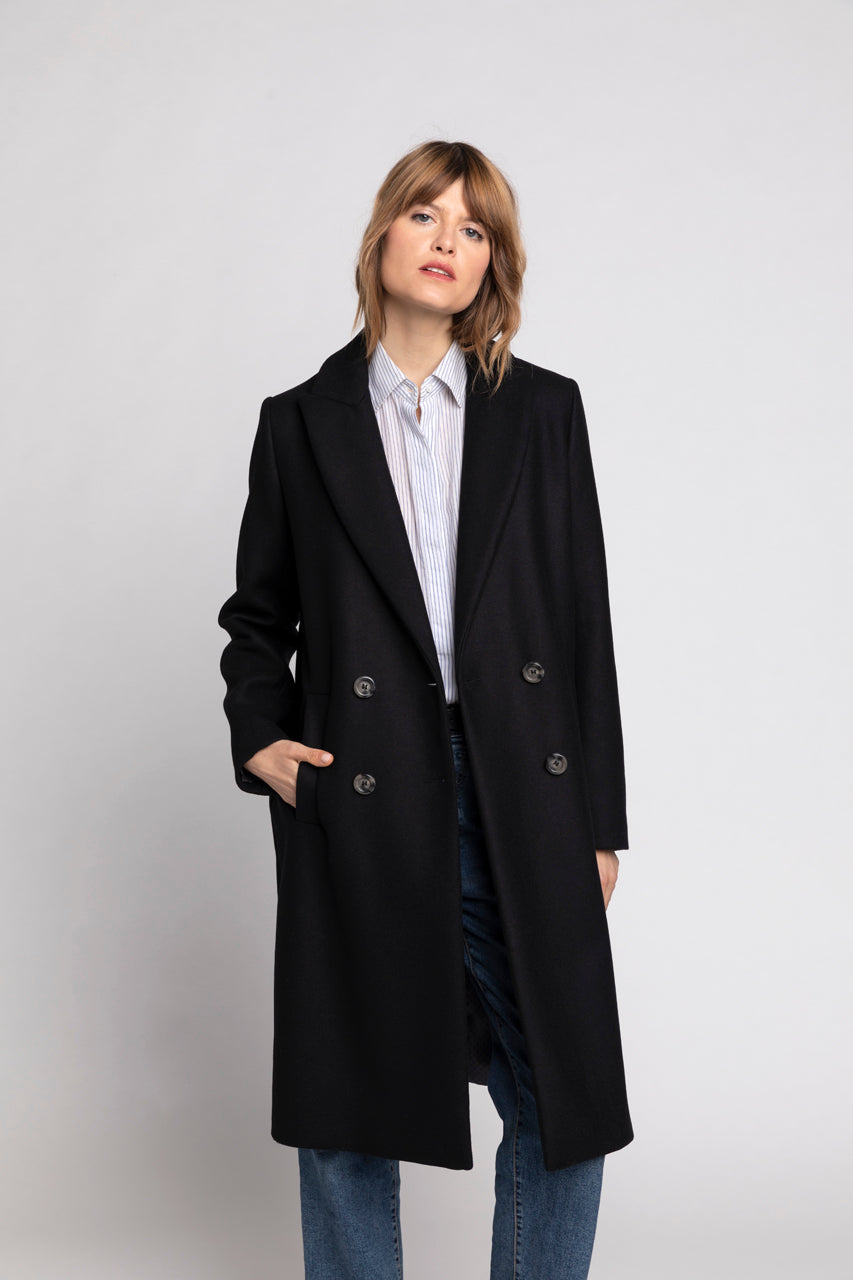 SENLIS Overcoat-Minimalist straight overcoat in black virgin wool