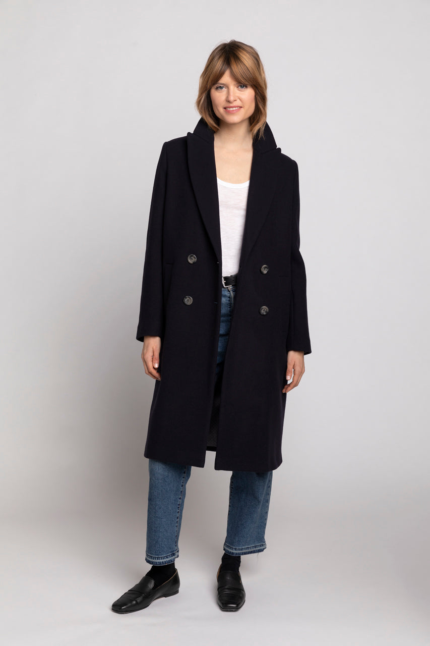 SENLIS Overcoat-Minimalist straight overcoat in navy blue virgin wool