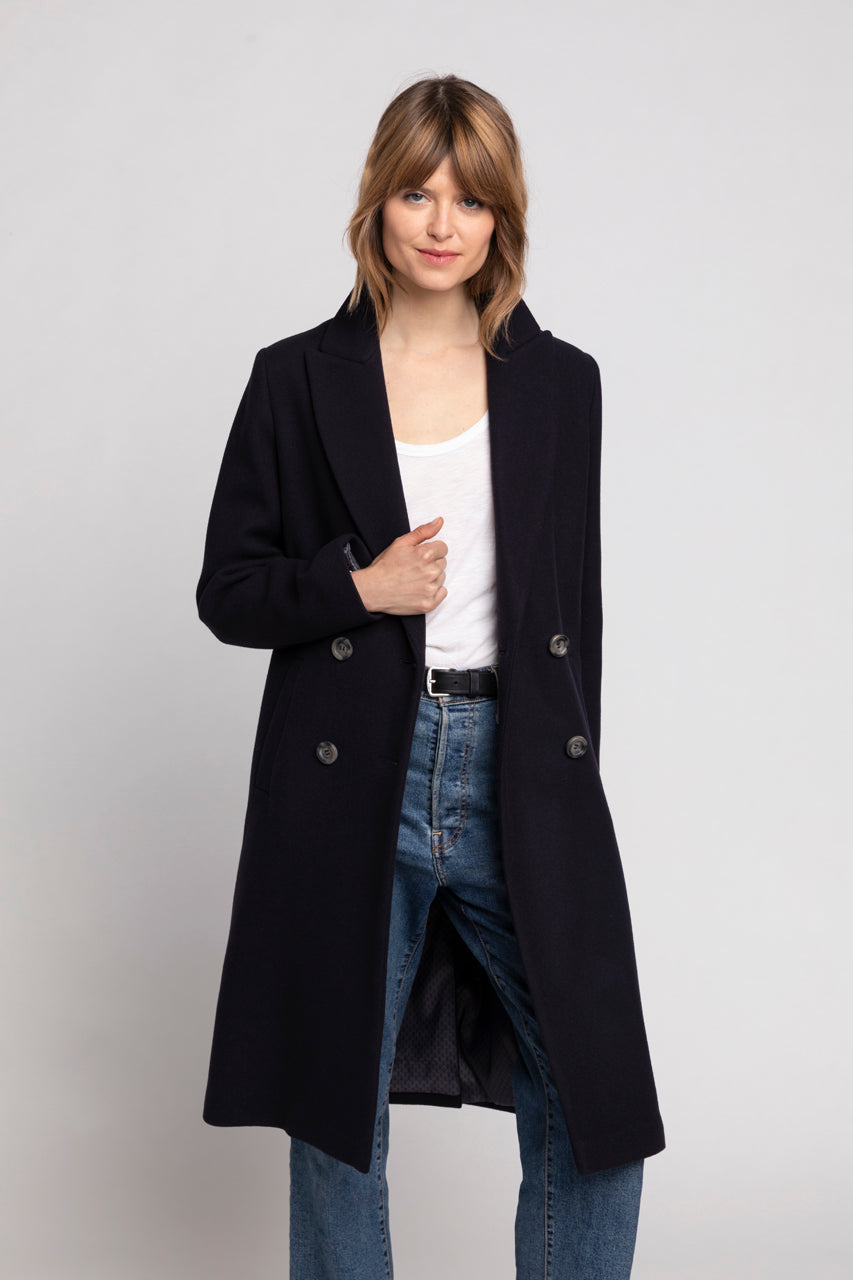 SENLIS Overcoat-Minimalist straight overcoat in navy blue virgin wool