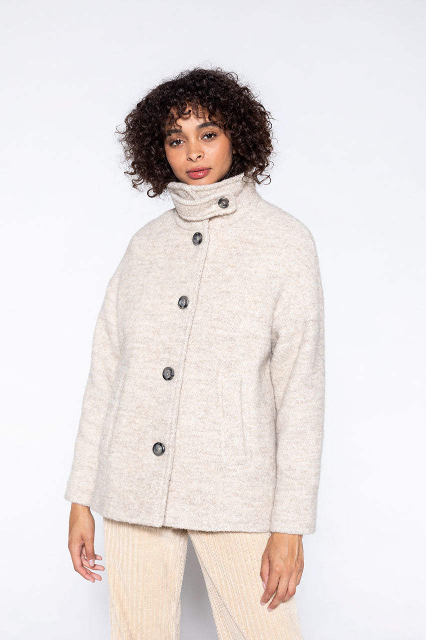 Short Somain sand tweed coat-Short stand-up collar sand tweed coat