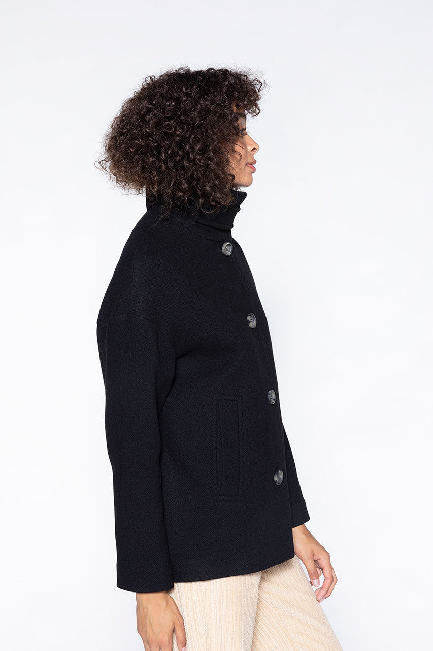 Short black Somain coat-Short black coat with stand-up collar