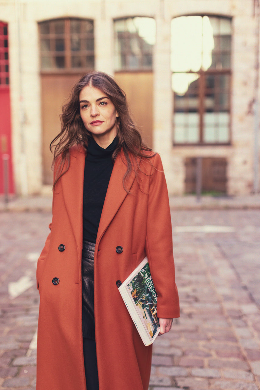 SENLIS Overcoat-Minimalist straight overcoat in orange virgin wool