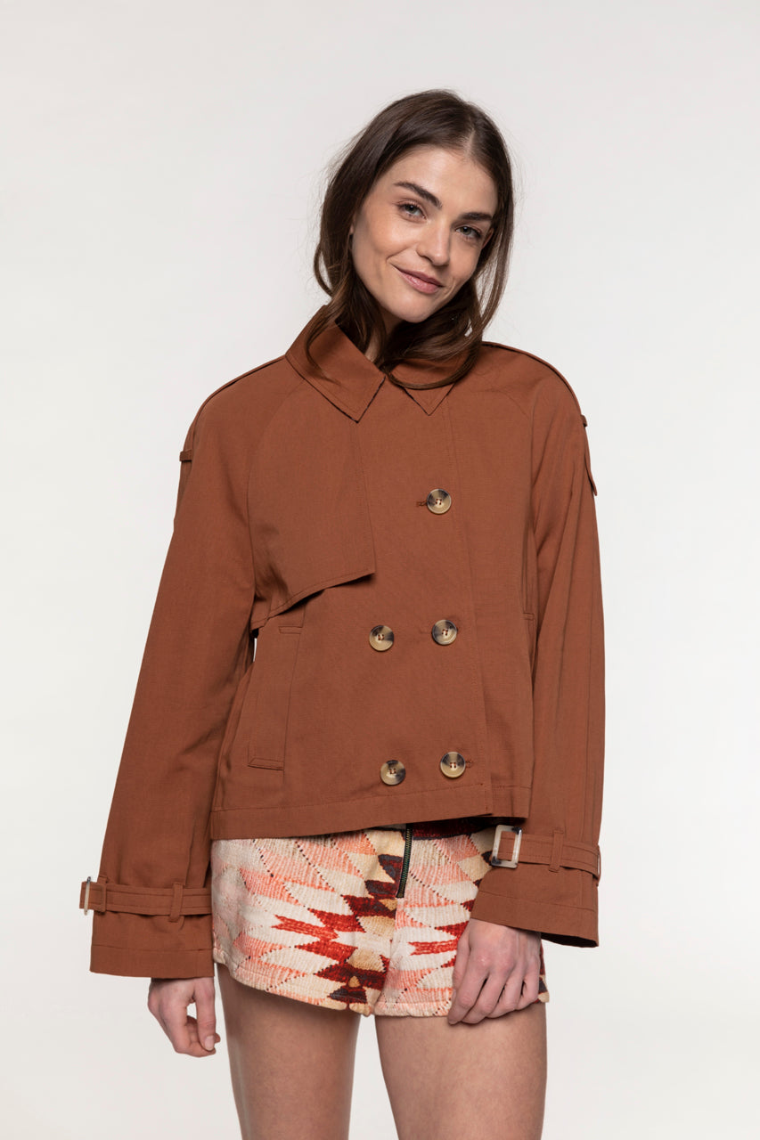 BOVELLE short trench coat in glossy brown cotton-Short trench coat in glossy brown cotton