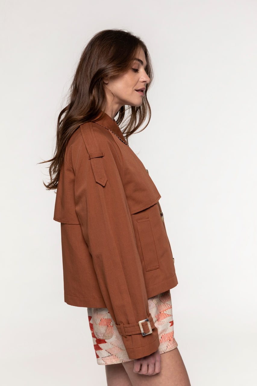 BOVELLE short trench coat in glossy brown cotton-Short trench coat in glossy brown cotton