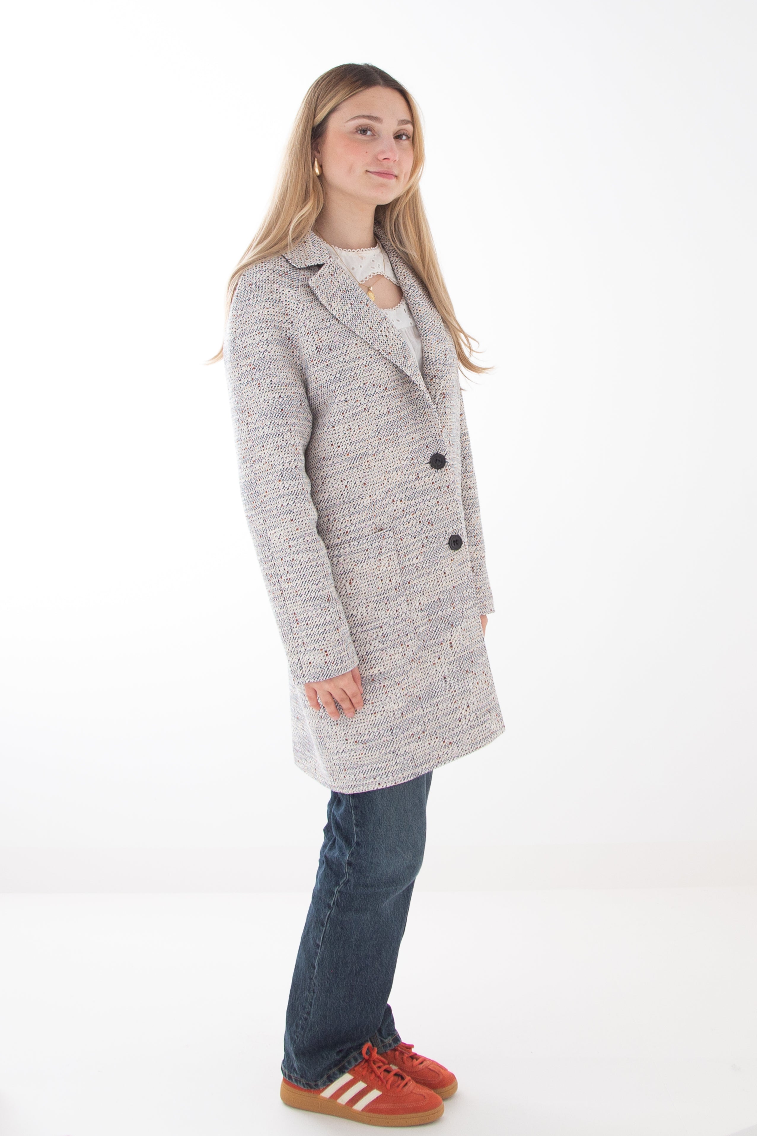 FRESNES white straight coat-White single-breasted straight cotton coat