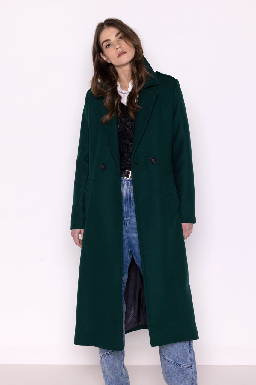 PRECIEUX coat-Long belted coat in green virgin wool