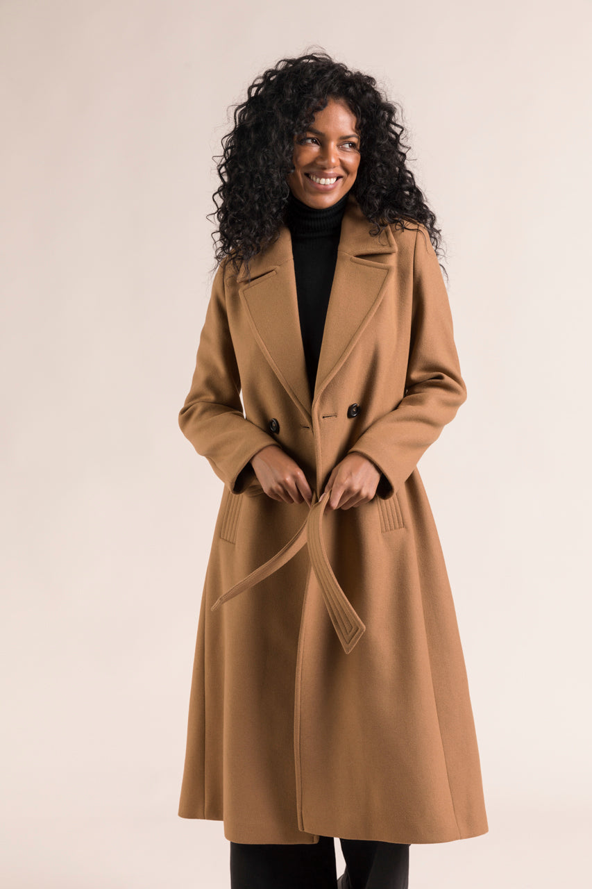 PRECIEUX coat-Long belted coat in camel virgin wool