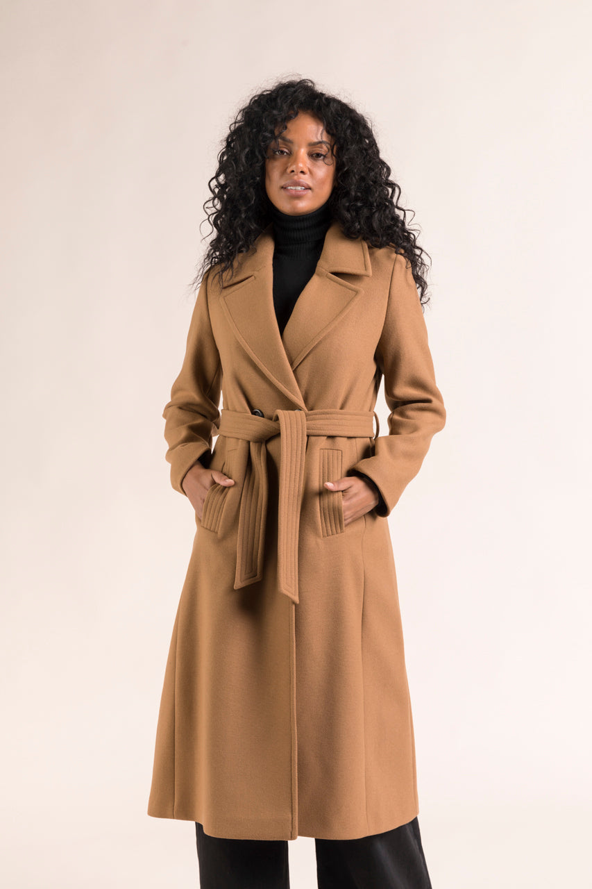 PRECIEUX coat-Long belted coat in camel virgin wool