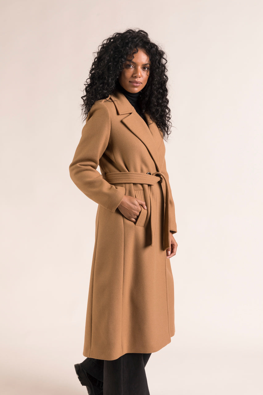 PRECIEUX coat-Long belted coat in camel virgin wool