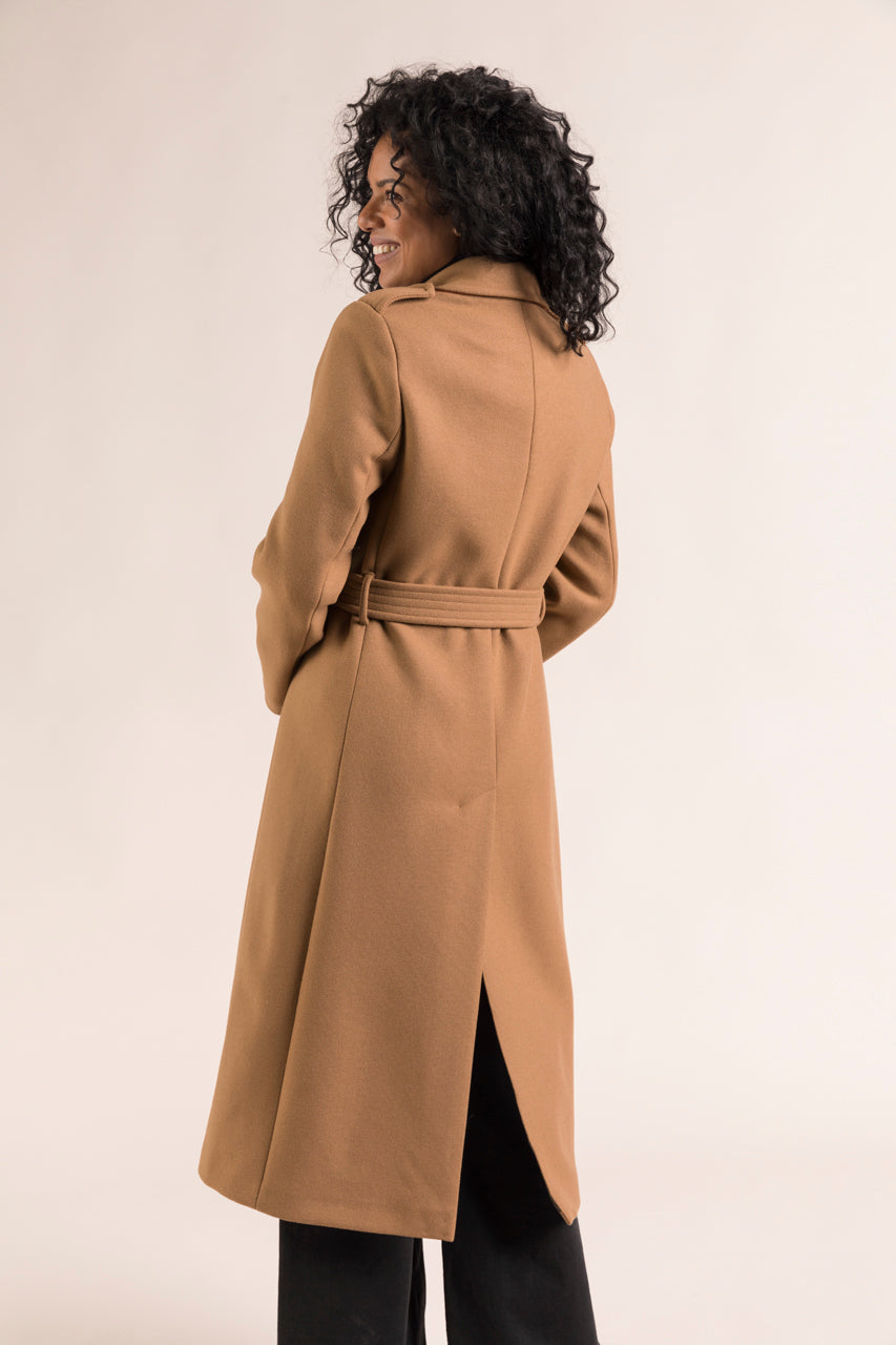 PRECIEUX coat-Long belted coat in camel virgin wool