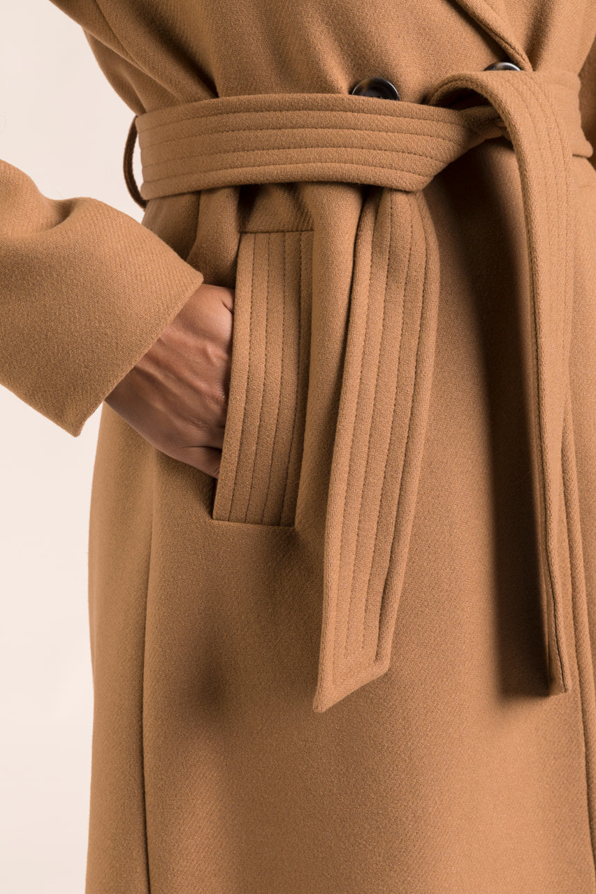 PRECIEUX coat-Long belted coat in camel virgin wool