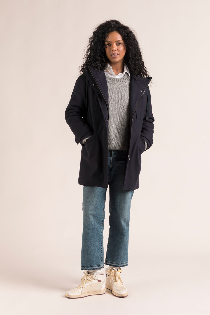 ROANNE Parka-Oversized padded parka in navy blue wool cloth