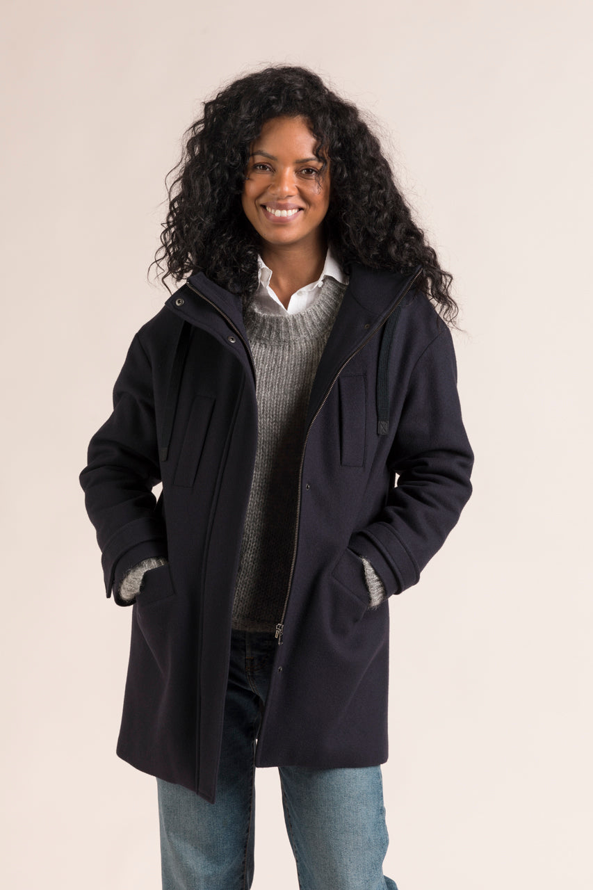 ROANNE Parka-Oversized padded parka in navy blue wool cloth