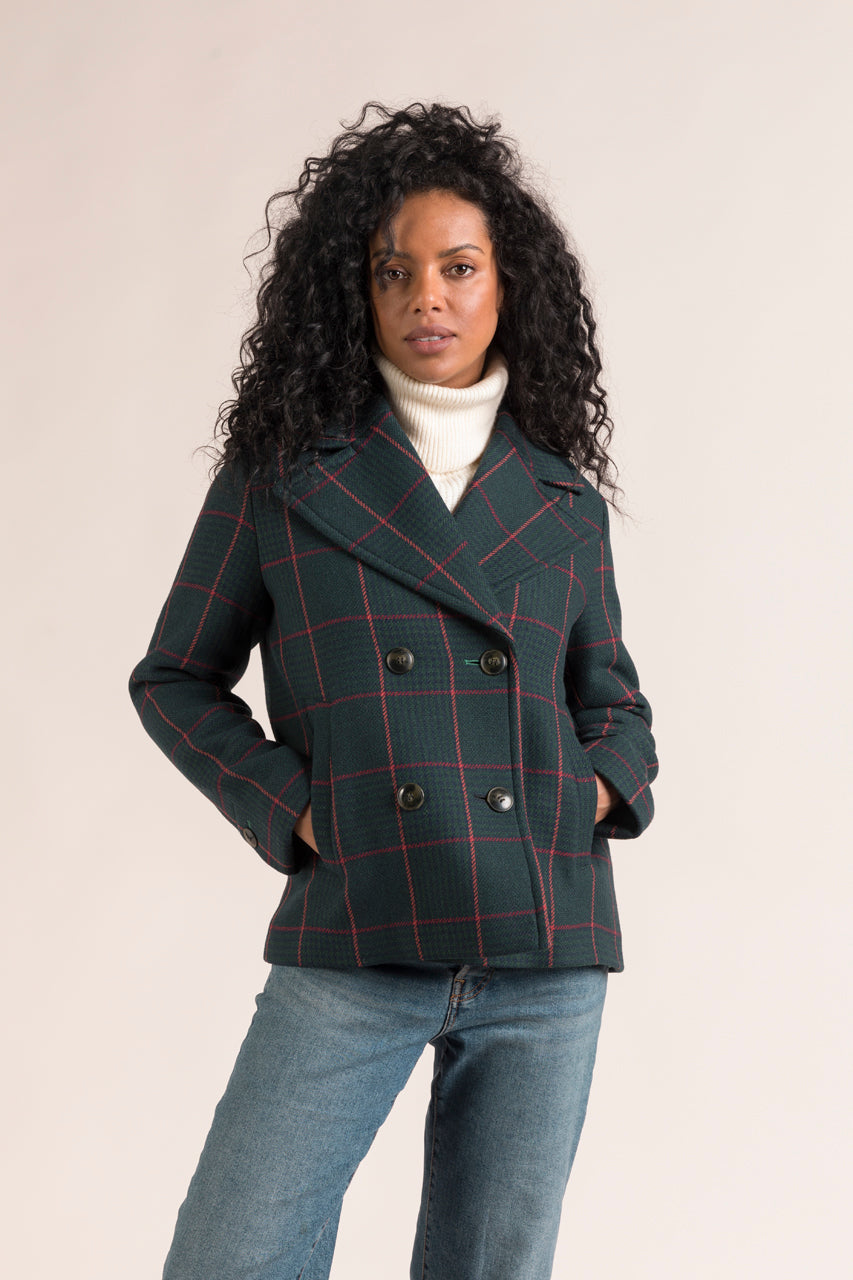 Authentic winter women s pea coat with fancy checks Trench Coat Trench Coat France