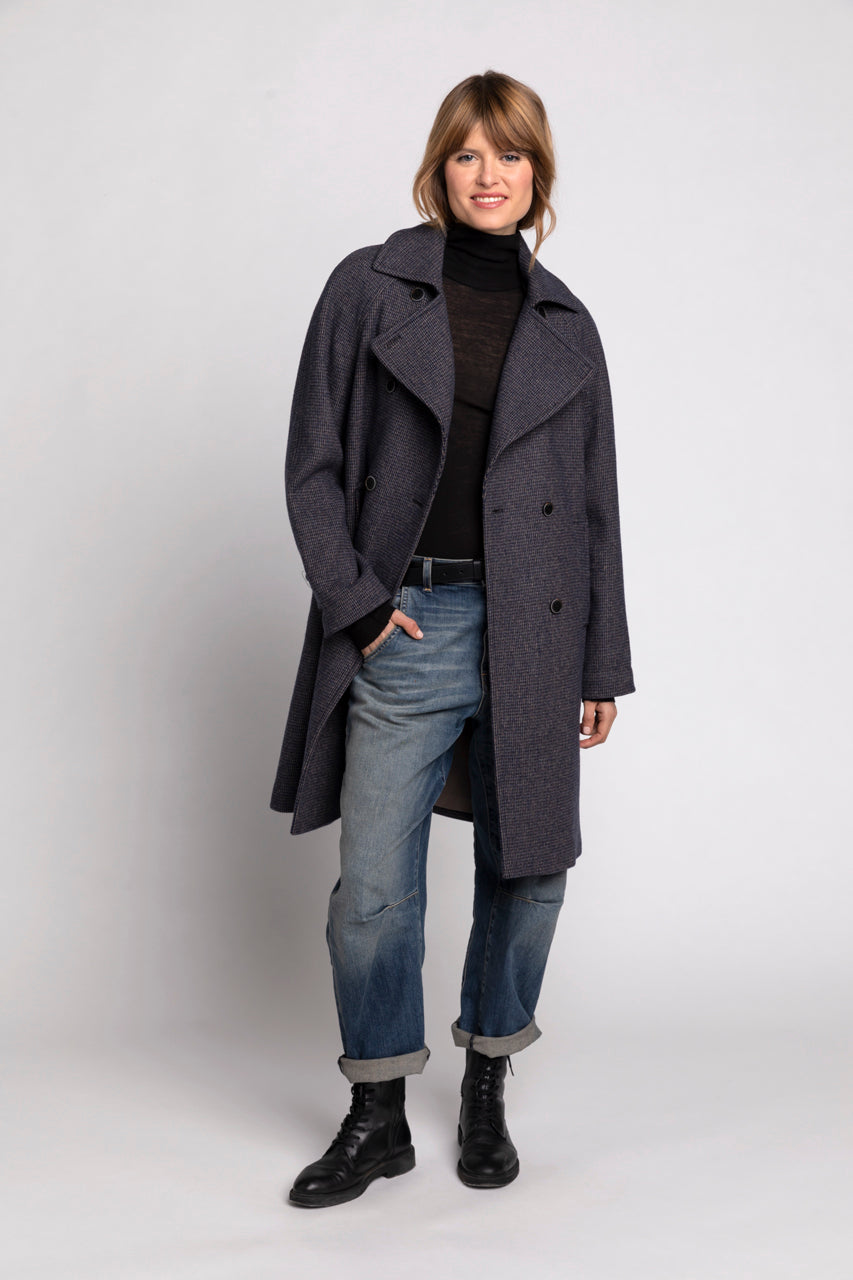 SAVASSE coat-Mid-length coat in navy blue virgin wool