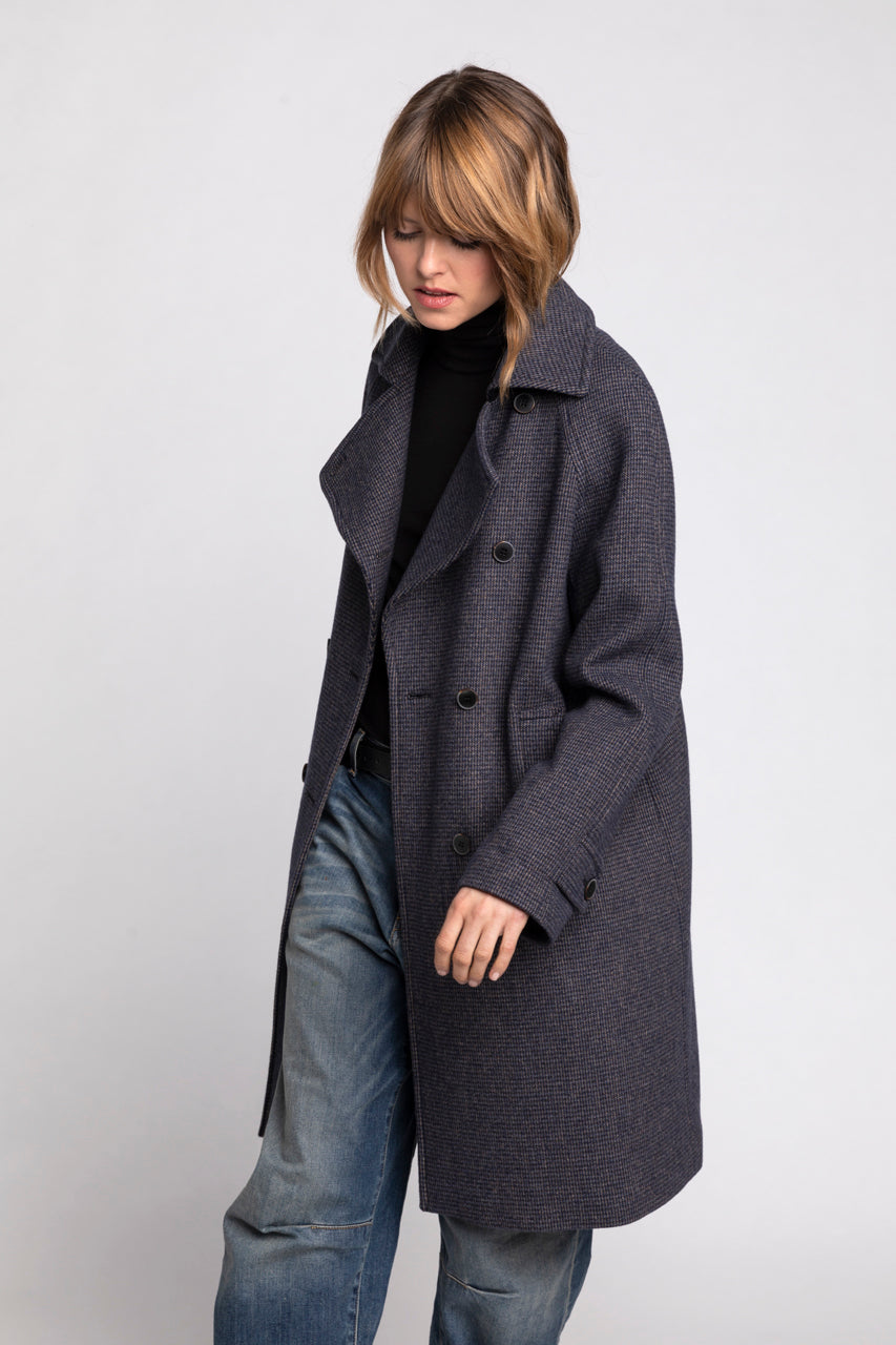 SAVASSE coat-Mid-length navy check coat