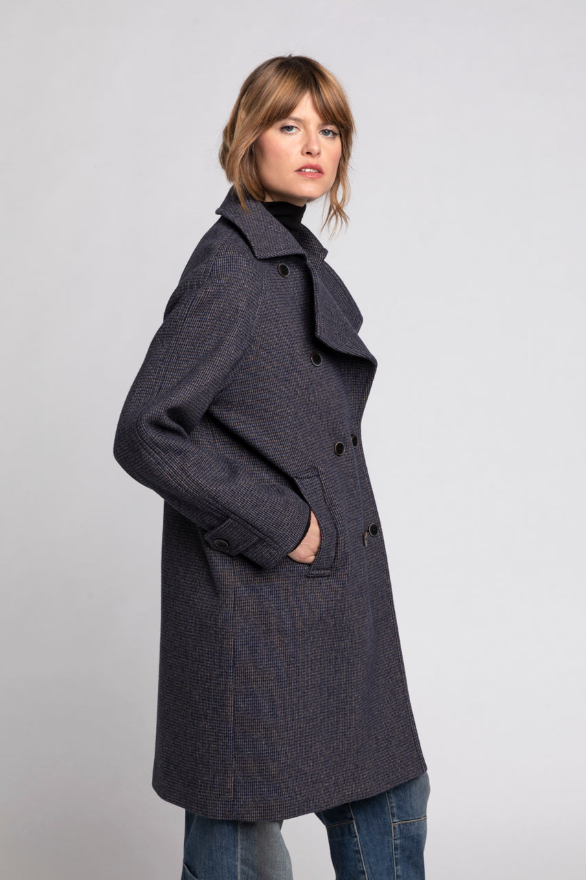 SAVASSE coat-Mid-length navy check coat