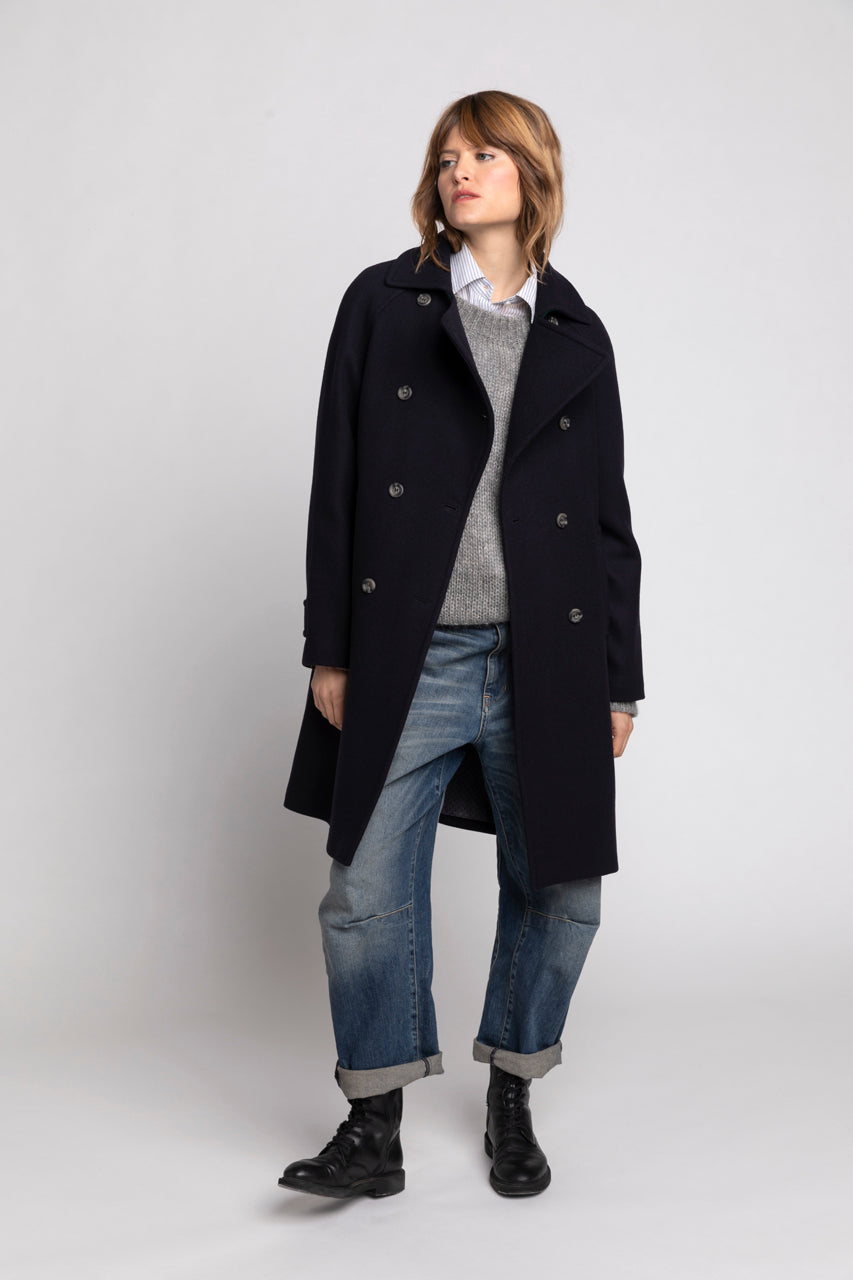 SAVASSE coat-Mid-length coat in navy blue virgin wool