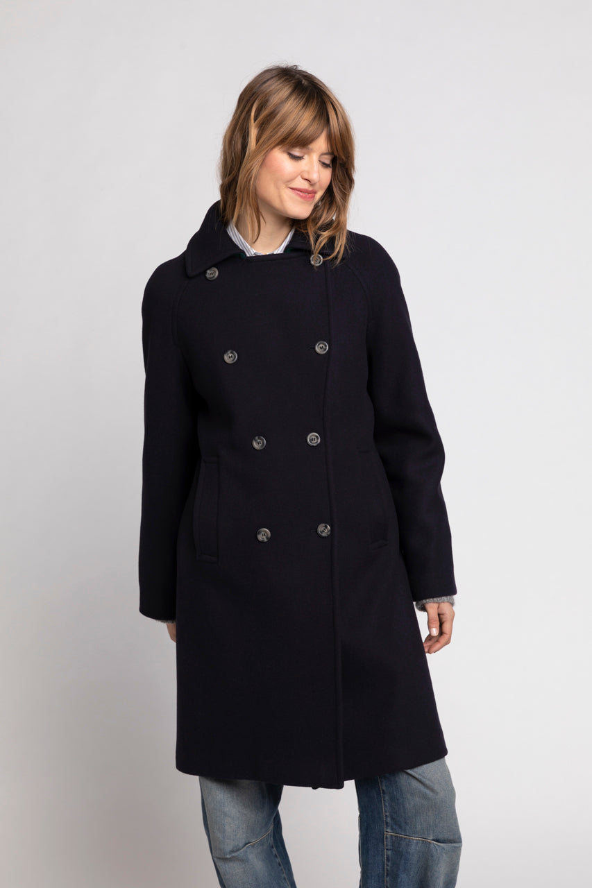 SAVASSE coat-Mid-length coat in navy blue virgin wool