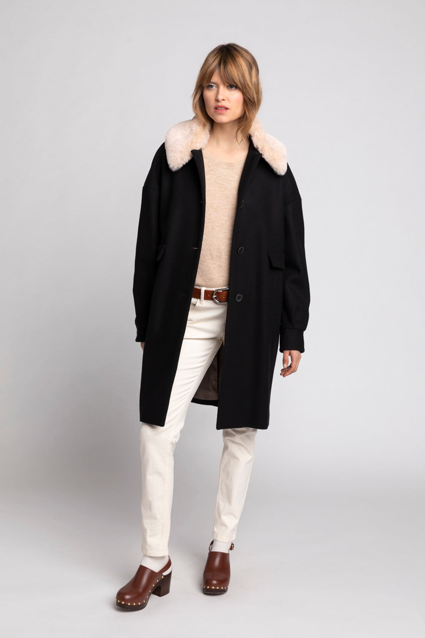 BUELLAS coat-Female straight coat in black wool cloth